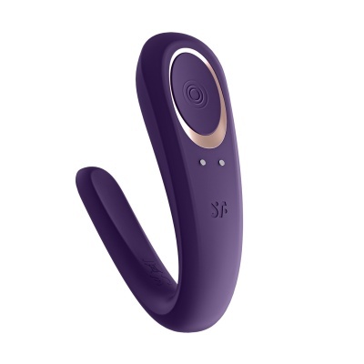 Vibrador sexual roxo curvado com detalhes metálicos e botões de controlo