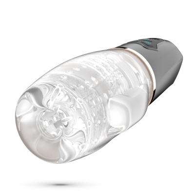 Dispositivo cilíndrico transparente com textura interna e base cinzenta