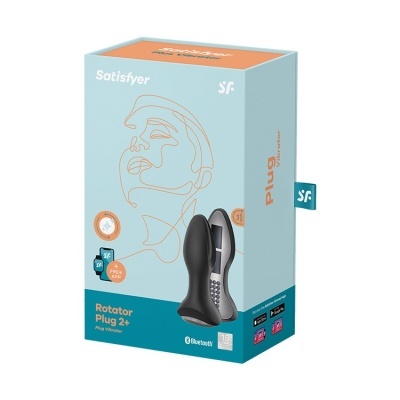Embalagem de Rotator Plug 2+ Satisfyer azul clara com detalhes laranja e azul escuro