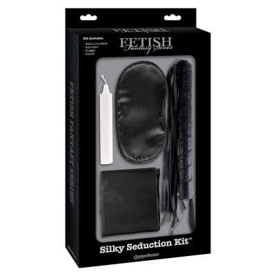 Conjunto Fetish Fantasy Deluxe Silky Seduction Kit com venda preta, vela branca, lenço preto e pena preta