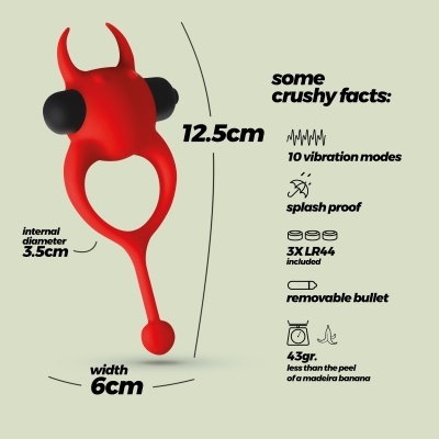 Anel vibratório vermelho com pontas e protetores pretos, medidas e texto informativo ao lado.