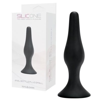 Plug anal pequeno preto em silicone com embalagem branca ao lado
