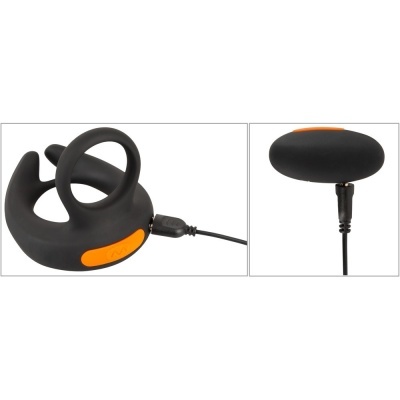 Dispositivo preto com detalhes laranja e cabo conectado em fundo branco