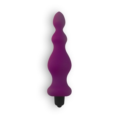 Vibrador roxo ondulado com base preta sobre fundo branco