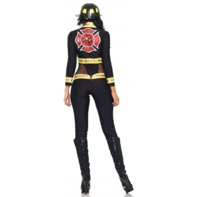 Fato feminino de bombeira preto com símbolo e chapéu