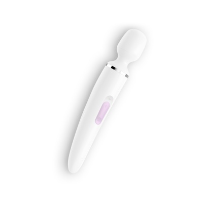 Vibrador branco com botão roxo e detalhe prateado sobre fundo branco