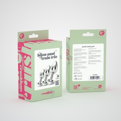 Conjunto bijou anal train trio com três plugues metálicos em embalagem verde com detalhes cor de rosa