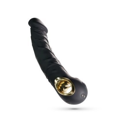 Vibrador preto com base dourada e textura enrugada