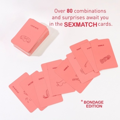 Cartas cor-de-rosa SEXMATCH com texto e imagens simples sobre fundo branco