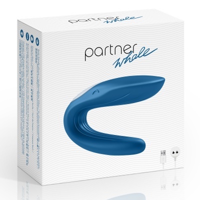 Embalagem do produto 'partner whale' com dispositivo azul e cabo USB branco.