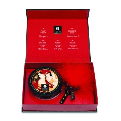 Caixa vermelha aberta com pacote decorado e objeto com penas vermelhas