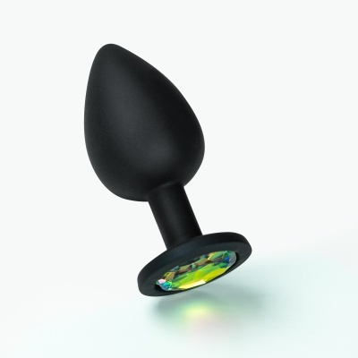 Plug anal preto em silicone com pedra facetada colorida