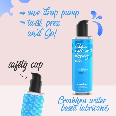 Frasco azul de lubrificante à base de água com tampa preta e texto azul em fundo rosa.