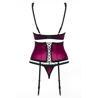 Conjunto de lingerie rosa escuro com detalhes pretos, espartilho com laços, cueca fio dental e ligas