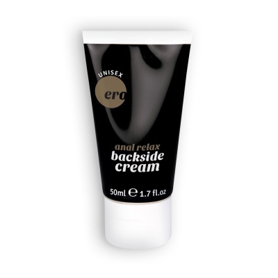 Frasco de creme preto e branco com texto 'UNISEX ero anal relax backside cream 50ml 1.7 fl.oz'