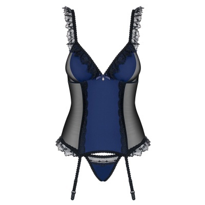 Conjunto de lingerie azul com renda preta e cinta-liga