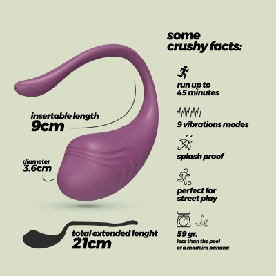Dispositivo vibratório roxo curvo com texto informativo de características e dimensões