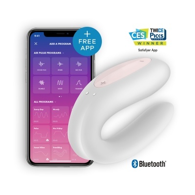 Dispositivo sexual branco curvo com smartphone mostrando app para controle dos modos, com logos CES Twice Picks Winner e Bluetooth.