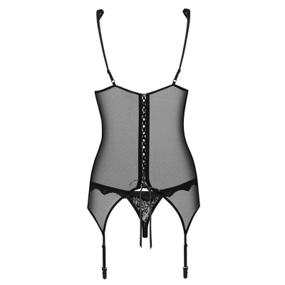 Corpete feminino preto em malha transparente com alças e detalhes em renda