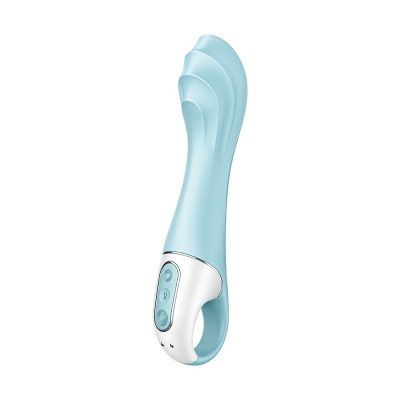 Vibrador azul claro com base branca e botões de controlo