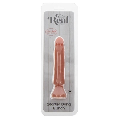 Dildo cor de pele embalado com texto Get Real e Starter Dong 6 Inch