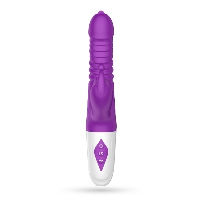 Vibrador roxo com base branca e botões de controlo