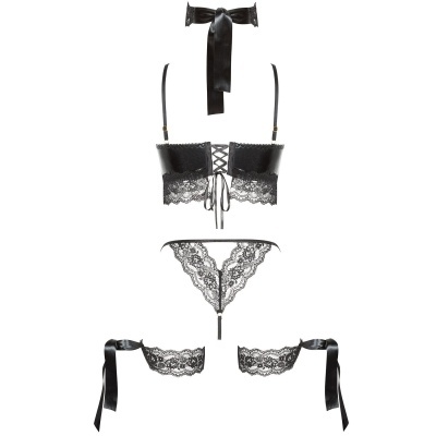 Conjunto de lingerie preto em renda e cetim com fita e laços
