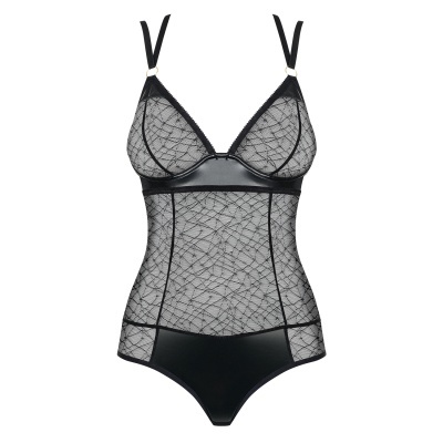 Body feminino preto com renda translúcida e alças ajustáveis