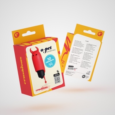 Embalagem vermelha e amarela com dispositivo vermelho e preto chamado o-pet pocket vibe