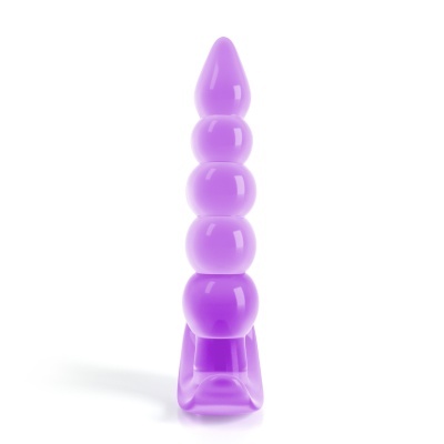 Produto em silicone roxo translúcido com esferas crescentes em fundo branco