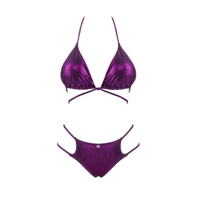 Bikini roxo brilhante de duas peças com top triângulo e cueca com cortes laterais