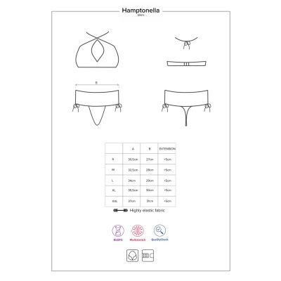 Desenhos técnicos de bikini Hamptonella skin com tabela de tamanhos e ícones de tecido elástico e qualidade.