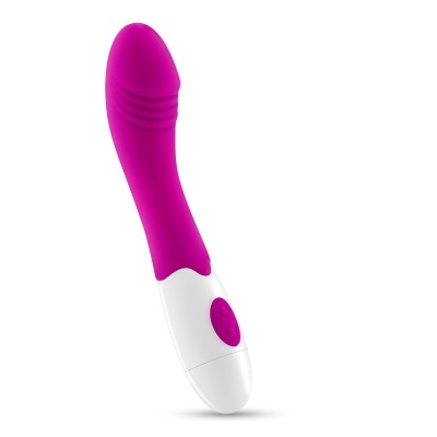 Vibrador rosa com base branca e botão vermelho