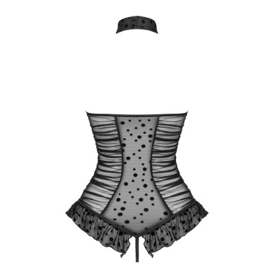 Corpete preto de renda com padrão de bolinhas e faixa para cabeça