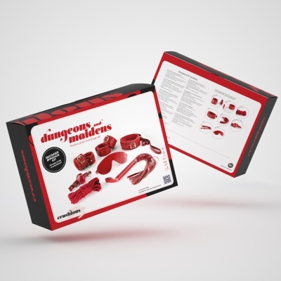 Caixa de conjunto erótico vermelho e preto com acessórios de couro e cordas