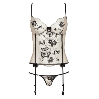 Conjunto de lingerie feminino bege com bordados florais pretos e detalhes em laço
