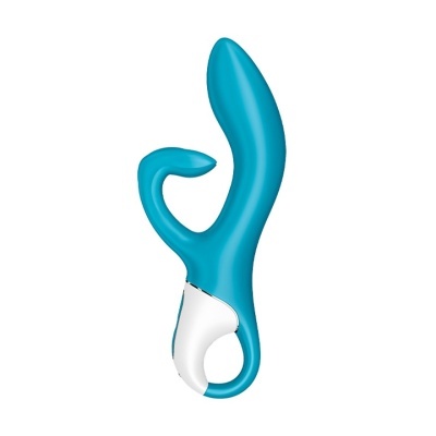 Vibrador azul com pega branca e duas pontas