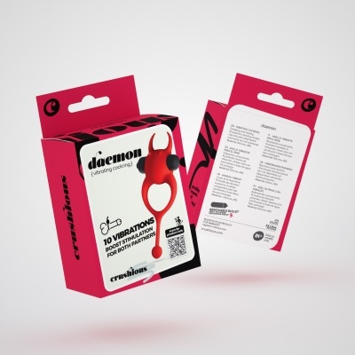 Embalagem vermelha e branca do produto daemon com dispositivo vibratório vermelho visível