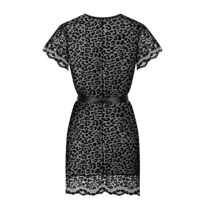 Vestido curto com padrão animal print preto, mangas e barra em renda preta, cinto preto à cintura