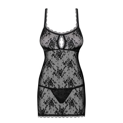 Vestido curto de renda preta com padrão floral e calcinha à vista