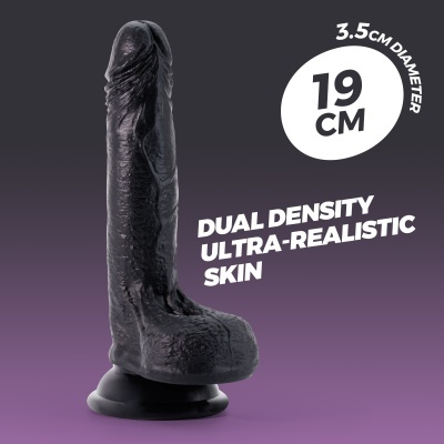 Dildo preto com textura realista e texto informativo em fundo roxo