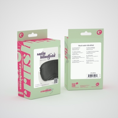 Embalagem de máscara de dormir preta em cetim com texto e design colorido