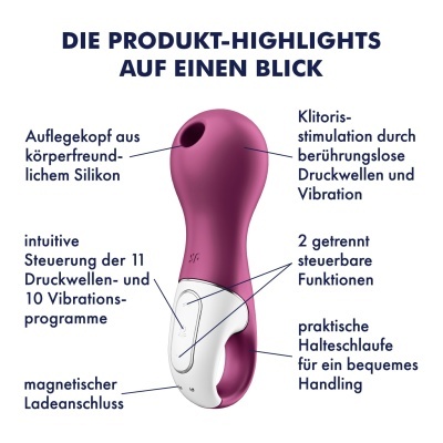 dispositivo sexual roxo e branco com texto em alemão sobre características