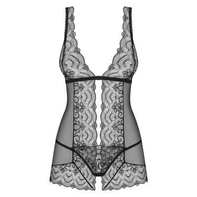 Fato de lingerie feminino preto em renda e tule transparente com padrão floral