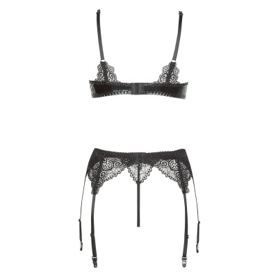 Conjunto de lingerie preto com soutien e cinta-liga em renda