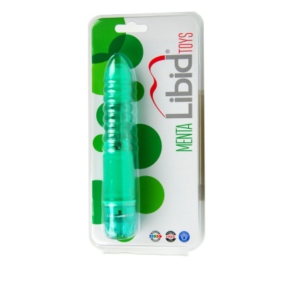 Vibrador verde transparente em embalagem blister com design verde e texto