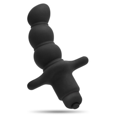 Plug anal preto em silicone com três esferas e base com botões