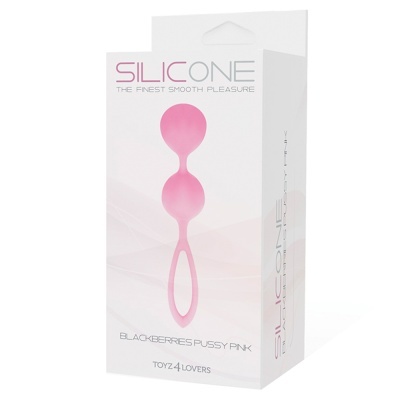 Embalagem branca com texto e imagem de produto rosa com duas esferas e anel