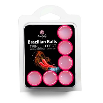 Embalagem de Brazilian Balls rosa e preta com cinco bolas rosa translúcidas.