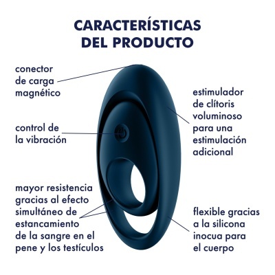 Anel vibratório preto em silicone com várias características descritas